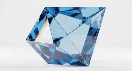 A large, blue diamond gemstone with multiple facets and reflections sits on a plain white background, showcasing its clarity and color.の写真素材