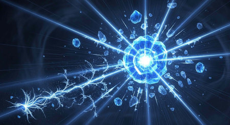 A vibrant blue light explodes in a dark space with glowing particles and rays emanating outward