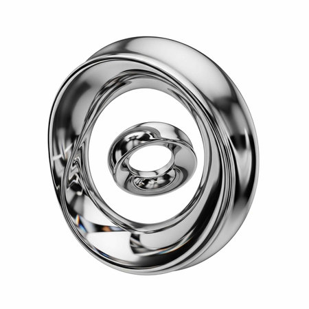 A set of three shiny silver metal rings with a spiral design and reflective surface on a white...