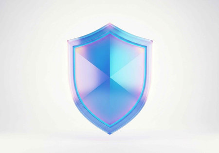 A 3D blue shield with a geometric design and iridescent sheen on a plain white background