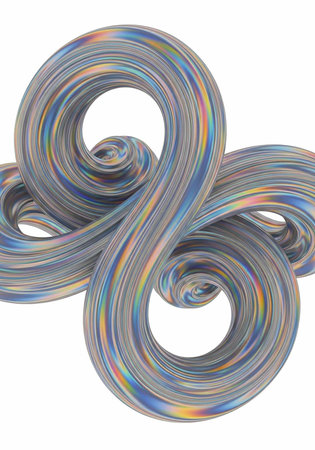 Vibrant, multicolored metallic ribbons form twisted loops and swirls against a plain white backdrop, showcasing rainbow hues and texturesの写真素材