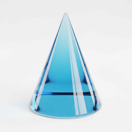 A stunning blue glass cone with a reflective surface, pointed apex, and smooth curves on a plain white backgroundの写真素材