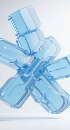 A cluster of transparent blue glass or plastic pieces intersected in a cross formation against a plain white backdropの写真素材
