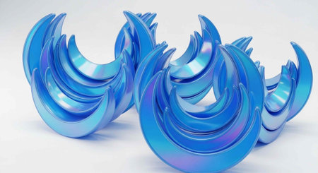 Three shiny blue metallic sculptures with curved spiral shapes arranged on a plain white surface