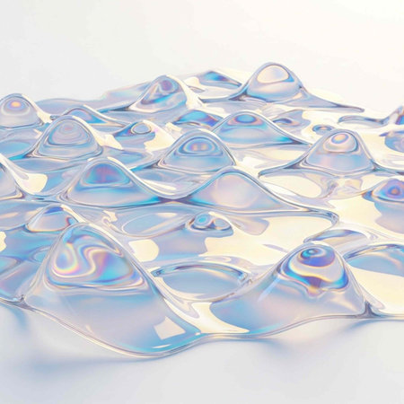 Close-up of shiny, transparent gel with undulating surface, displaying blue, purple, and pink colors