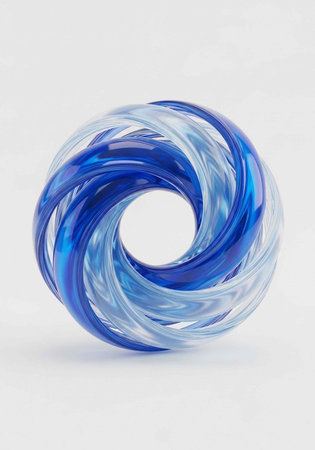 A stunning blue and white glass sculpture with swirling patterns, set against a clean white...