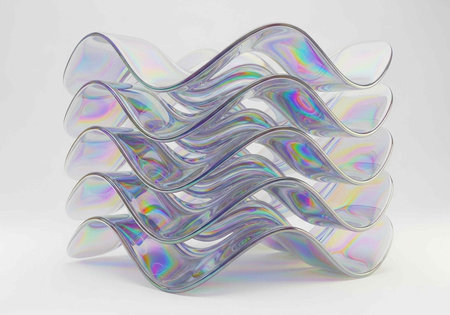 A modern glass sculpture with wavy, layered design, showcasing iridescent colors and shimmering...