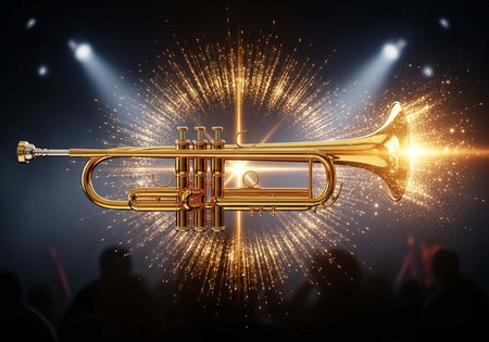 A shiny gold trumpet emitting bright light and sparks on a dark stage with spotlightsの写真素材