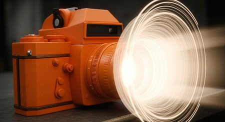 A bright orange camera with a lens flare on a dark background, capturing a moment in photographyの写真素材