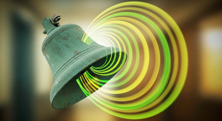 A green bell with vibrant yellow and green sound waves emanating from it in a blurred background
