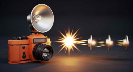 A vintage orange camera with a flashbulb emitting bright light and lens flare on a dark backgroundの写真素材