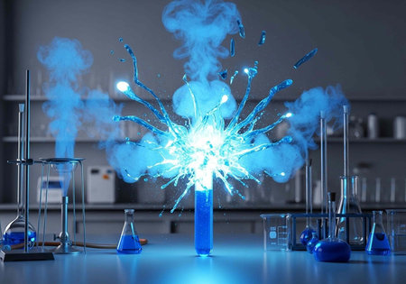 A laboratory explosion with blue smoke and chemicals in various glassware on a table