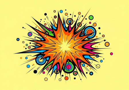 A vibrant and colorful abstract illustration of an explosion with dynamic shapes and lines on a...