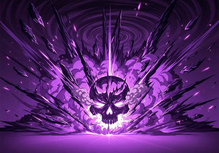 A vibrant purple skull with glowing eyes explodes in a dynamic abstract illustration