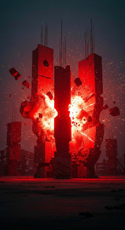 A dramatic explosion destroys a cityscape at night with vibrant red and orange hues illuminating the dark skyの写真素材