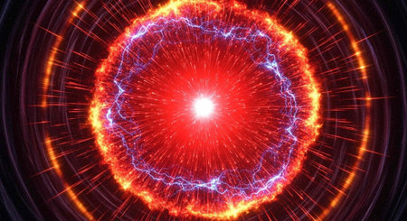 A vibrant and dramatic depiction of a glowing red and orange energy explosion in spaceの写真素材