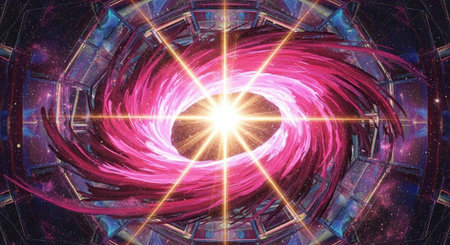 A vibrant and dramatic illustration of a swirling pink tunnel with a bright light at its centerの写真素材