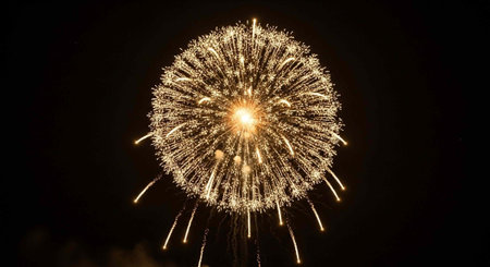 A vibrant firework explodes in the dark night sky with sparkling golden lights and streaks of...