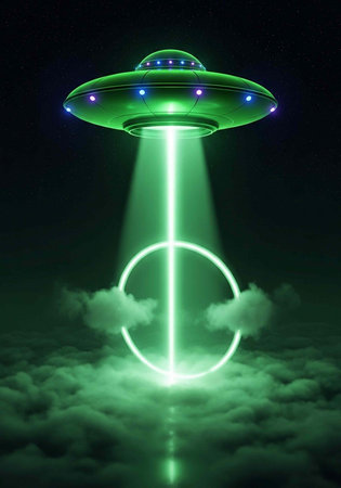 A green UFO hovers above the clouds with a bright light beam shining down from its center.