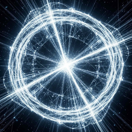 A glowing white circle with lines and sparks radiating from it in a dark background