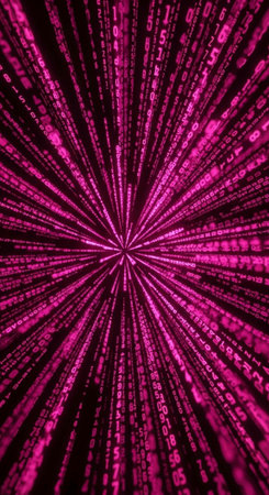 A vibrant pink digital tunnel of binary code radiating from a central point in a dark background
