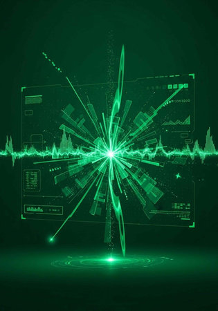 A futuristic green graphic design with neon lights and digital elements on a dark background