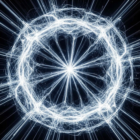 A mesmerizing abstract image of glowing white lines forming a circular pattern on a dark backgroundの写真素材