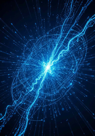 A vibrant blue light radiates from the center of a complex network of glowing lines and dots