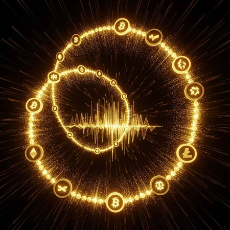 A digital illustration of cryptocurrency symbols in a circular pattern with a sound wave design on a...