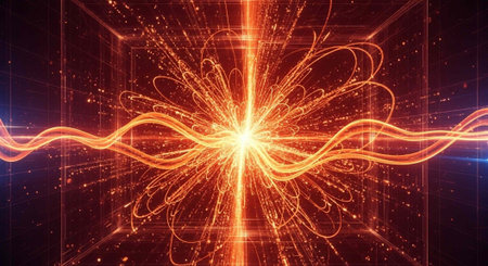 A vibrant and dynamic abstract image of glowing orange lines and lights on a dark background