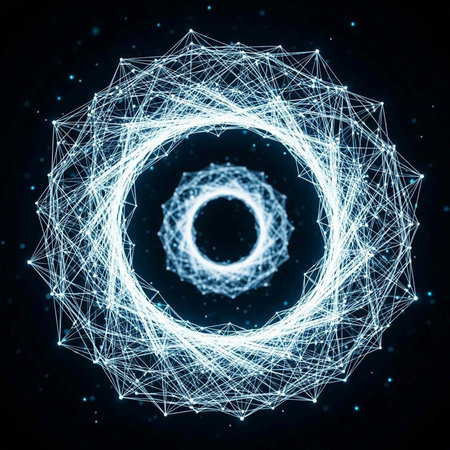 A glowing white geometric pattern forms a circular shape against a dark background with scattered...