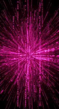 A vibrant pink digital explosion of code and data on a dark background