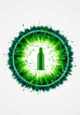 A green bottle surrounded by vibrant green leaves and light in a circular designの写真素材