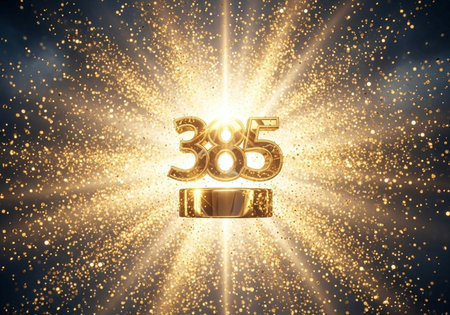 A bright and shiny gold 385 number with sparkling lights and glittering effects in the background