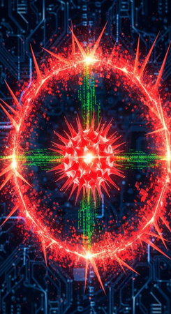 A vibrant digital artwork of a glowing red circle with bright lights on a dark circuit board...