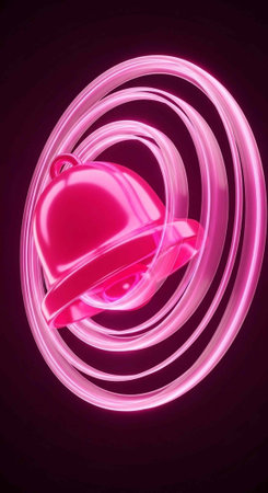 A pink bell is surrounded by swirling neon light in a dark space