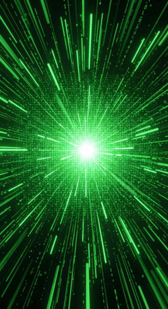 A vibrant green light radiates from the center of a digital tunnel filled with streaks of light and...