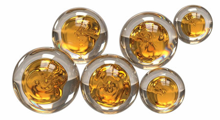 A collection of amber colored glass marbles on a white background