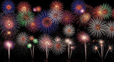 A vibrant fireworks display explodes in the night sky with colorful bursts of light and energy