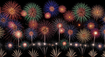 A vibrant display of colorful fireworks exploding in the night sky with various patterns and shapes