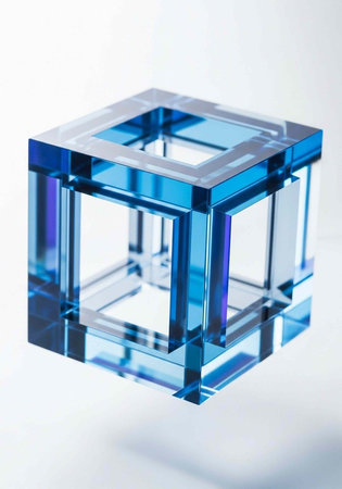 A blue glass cube with a hollow center sits on a white surfaceの写真素材
