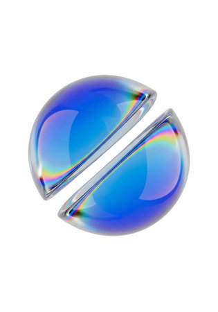 A blue iridescent object with a rainbow effect on a white background