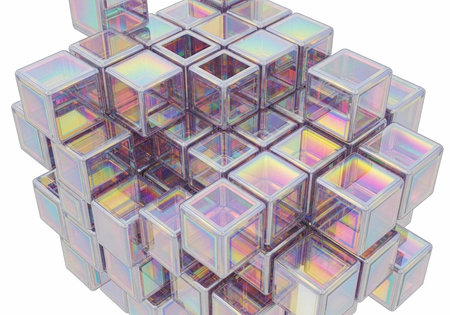 A 3D rendering of a cluster of iridescent cubes on a white backgroundの写真素材