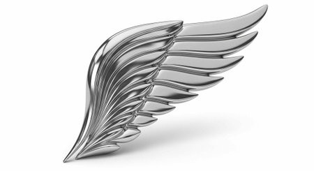 A shiny silver wing sculpture with a smooth, curved design on a white backgroundの写真素材
