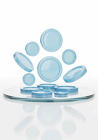 A collection of transparent blue glass or plastic discs of various sizes arranged on a flat surfaceの写真素材
