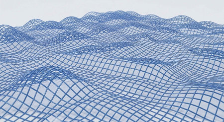 A blue grid pattern resembling waves on a white background