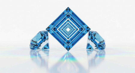 Three blue diamonds arranged in a triangular formation on a white reflective surfaceの写真素材