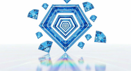 A stunning blue crystal formation with multiple facets and refractions on a white background