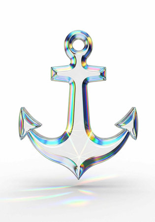 A shiny anchor pendant with a rainbow-colored reflection on a white background