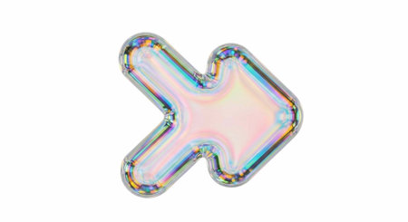 A shiny, iridescent, holographic arrow pointing to the right on a white backgroundの写真素材